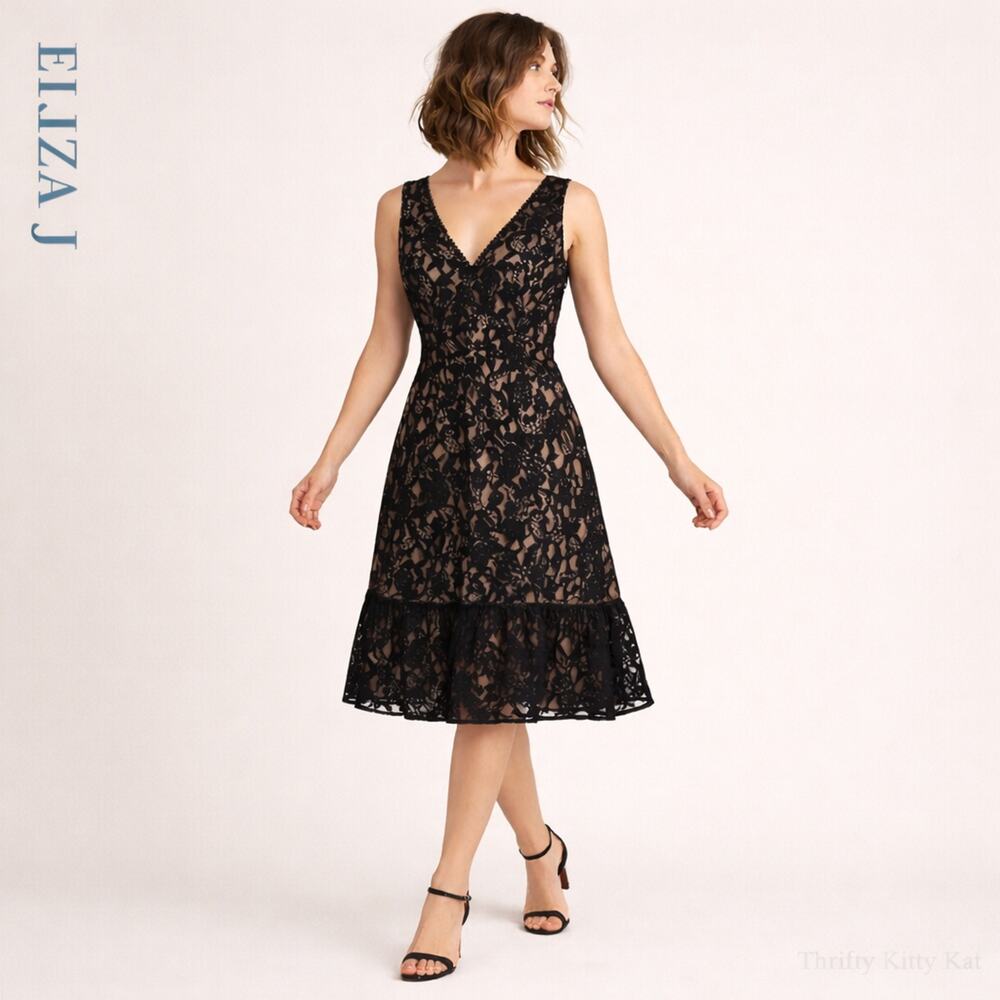 Eliza J Sleeveless Lace Fit And Flare Cocktail Event Dress Black‎ Nude Lined 10